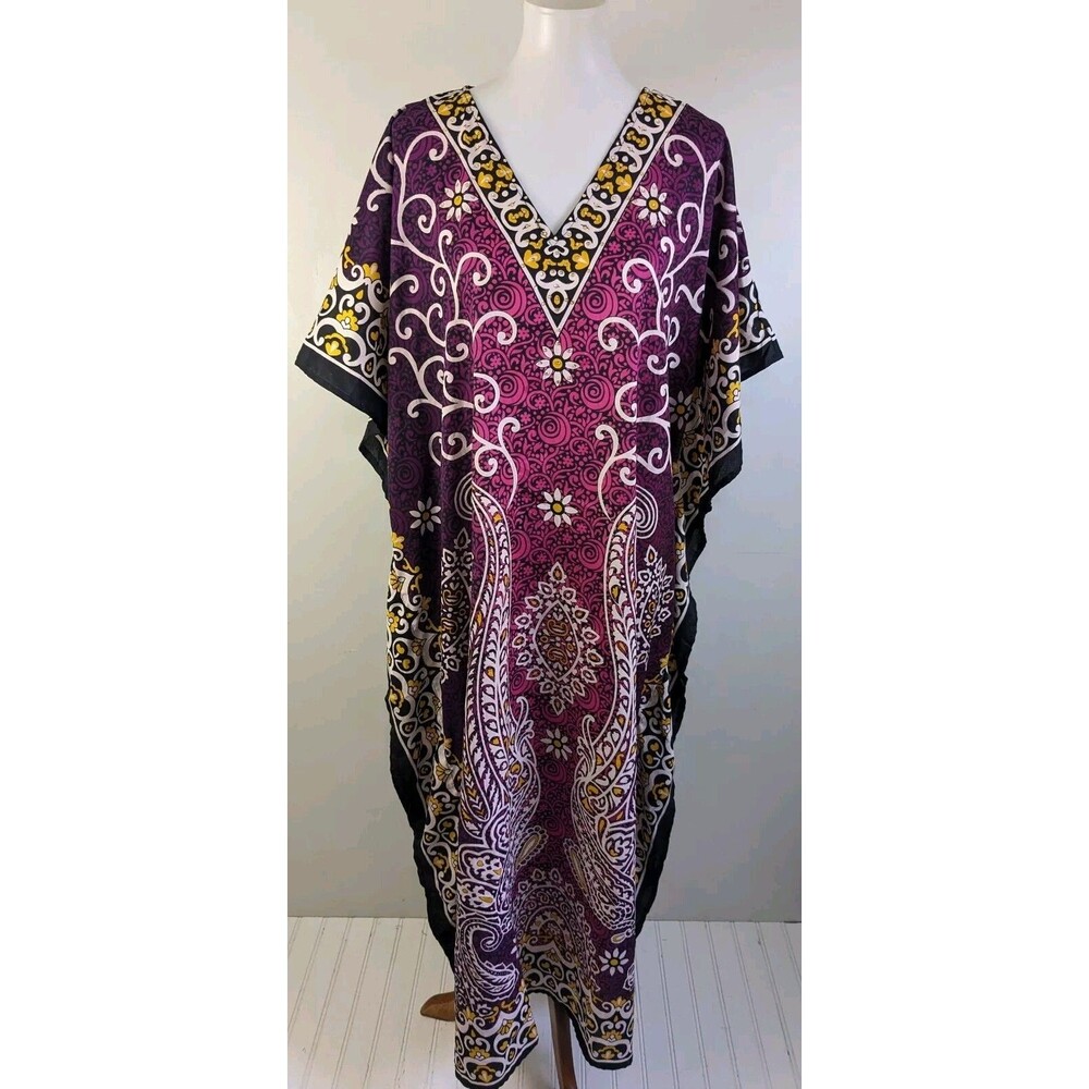 NEW Silky Caftan Maxi Dress Jewel Trim One Size Bohemian Gypsy Long Lounger NWT